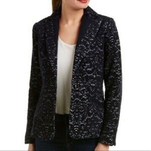 CAbi Jacquard Blazer Navy Blue Wool Blend Flocked Jacket #109 Women’s Size 6